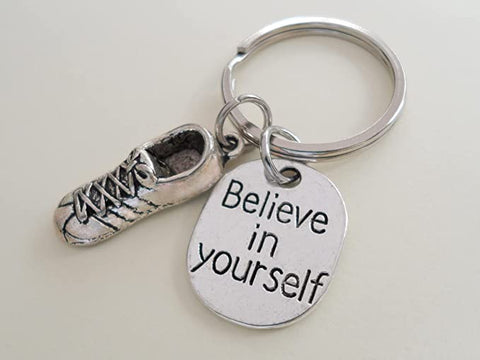 Believe in Yourself Keychain with Running Shoe Charm, Track or Cross Country Runner Fitness Encouragement Keychain
