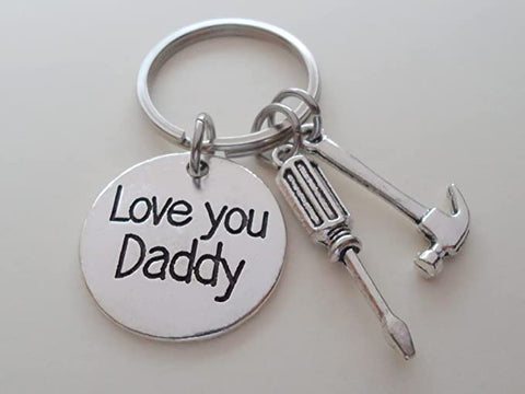 Love You Daddy Disc Keychain with Hammer & Screwdriver Charm, Father's Keychain