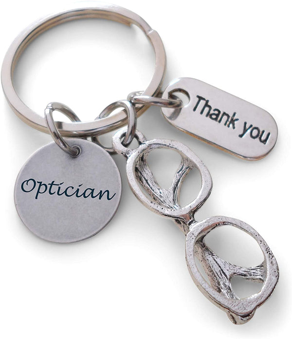 Employee Appreciation Gifts • Optician Charm Keychain with Eye Glasses & "Thank You" Tag by JewelryEveryday w/ "Thanks for being a part of our team" Card