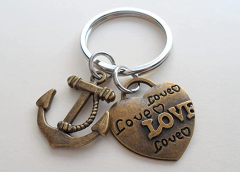 Bronze Anchor Keychain with Love Heart Charm - You're the Anchor in my Life; Couples Keychain