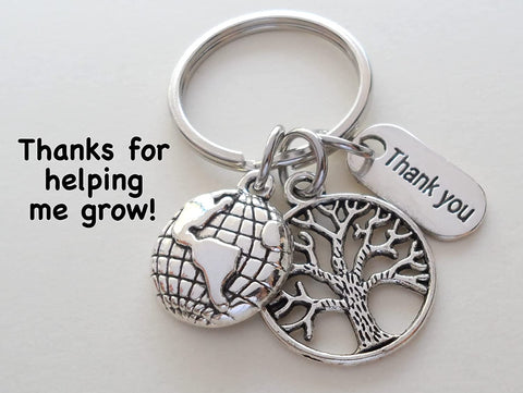 Small Tree Charm Keychain with Globe Charm, and Thank You Charm, Teacher, Employee, or Volunteer Appreciation Keychain