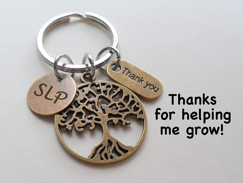 Speech Therapist Appreciation Keychain, Speech Language Pathologist Keychain with Bronze Tree, SLP Disc, and Thank You Charm