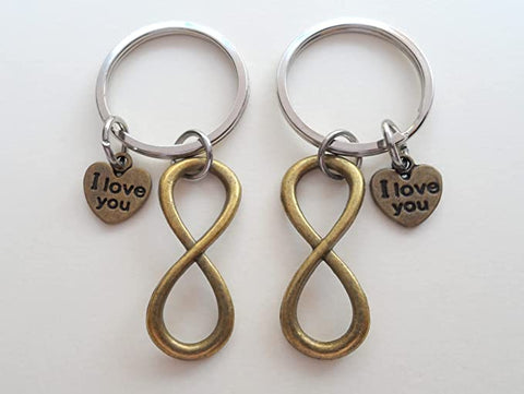 Double Bronze Infinity Charm Keychains with I Love You Heart Charms; Couple Keychains, Best Friends Keychains