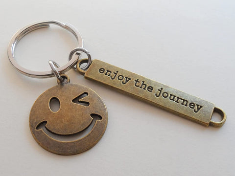 Bronze Enjoy the Journey & Smiley Face Charm Keychain - Graduation Keychain, Encouragement Keychain