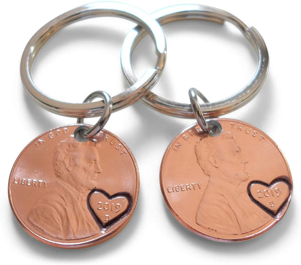 Double Keychain Set 2019 US One Cent Penny Keychains with Heart Around Year; 5-year Anniversary Gift, Couples Keychain