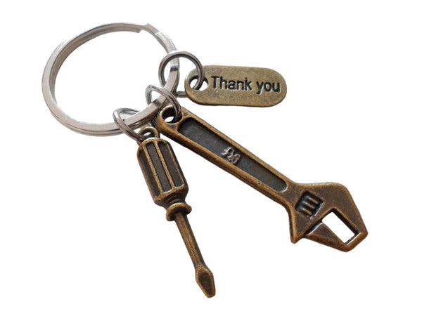 Bronze Wrench Charm Keychain with Screwdriver Charm and Thank You Charm, Mechanic or Plumber Keychain