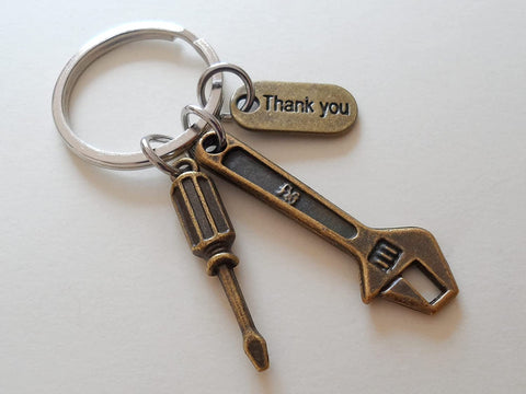 Bronze Wrench Charm Keychain with Screwdriver Charm and Thank You Charm, Mechanic or Plumber Keychain