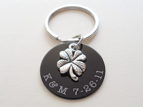 Custom Engraved Anodized Aluminum Disc Anniversary Keychain With Clover Charm, Couples Keychain