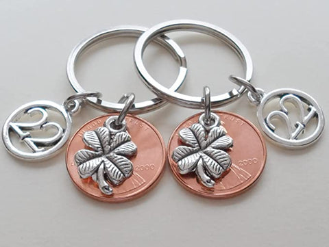 Double Keychain Set, 2000 Penny Keychains with Clover Charms, and with Number 22 Charms; 22 Year Anniversary