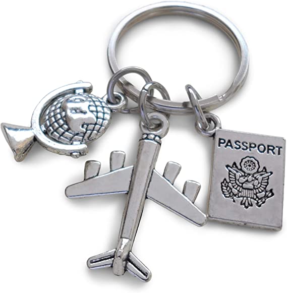 Airplane, Globe, and Passport Charm Keychain, Airport Staff Gift, Graduation Gift, Gift for Graduation, Graduate Gift, Going Away Gift