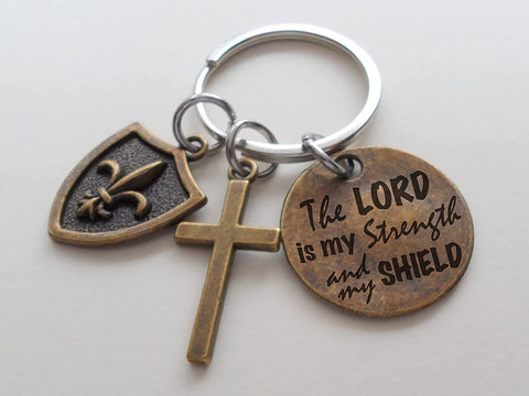 Bronze Shield & Cross Charm Keychain with Engraved Disc Saying "The Lord is My Strength and My Shield", Religious Keychain