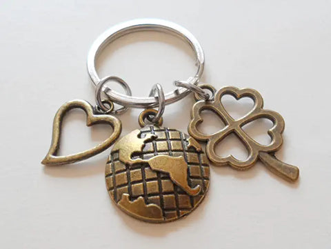 Bronze World Globe Charm Keychain with Heart & Clover Charm, Couples Keychain, or Volunteer Community Service Keychain