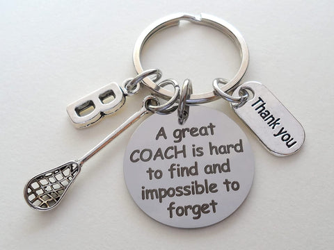 Custom Coach Keychain with Sports Charm; Coach Appreciation Gift with Letter Charm, Baseball Coach, Softball Coach, Lacrosse Coach Gift