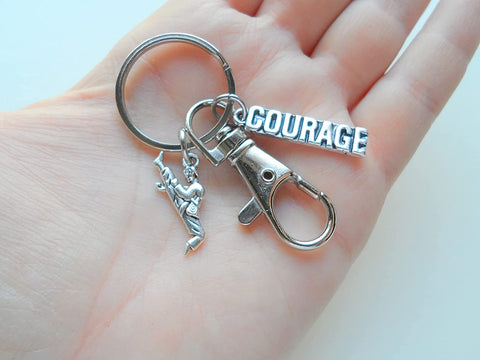 Martial Arts Keychain with Kicking Student Charm, Courage Charm, and Swivel Clasp Hook, Karate, Taekwondo or Coach Keychain