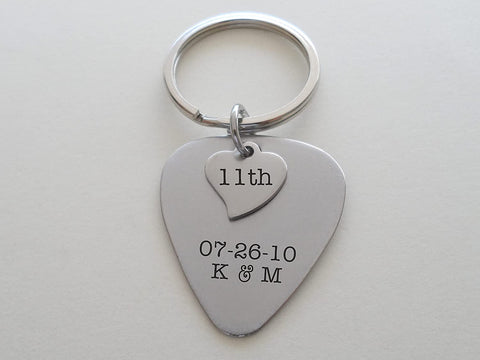 Custom Engraved Stainless Steel Guitar Pick Keychain with Heart Tag for Couples 11 Year Anniversary Gift Keychain, Add Backside Engraving