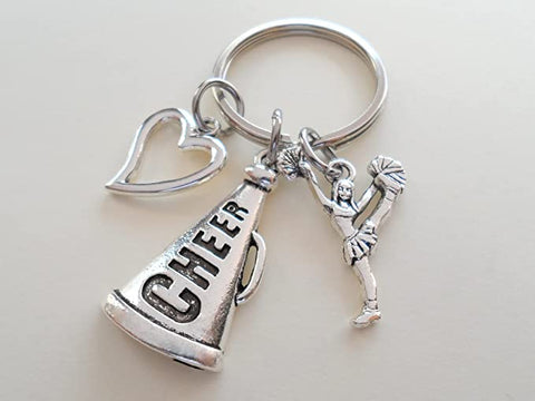 Cheerleader Charm Keychain with Cheerleader, Heart Charm & Cheer Megaphone Charm, Cheerleading Keychain