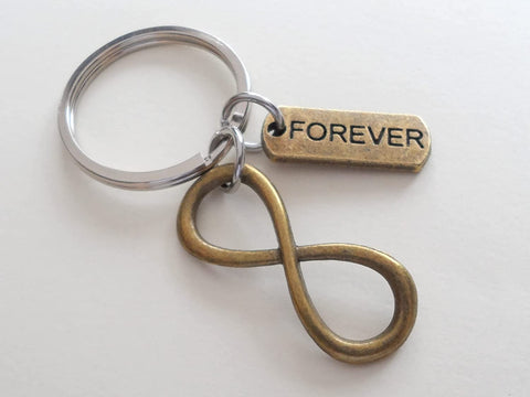Bronze Infinity Charm Keychain with Forever Tag; Anniversary Couples Keychain