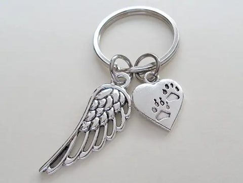 Paw Prints on Heart Charm Keychain with Wing Charm, Pet Memorial Keychain