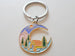 Camping Keychain; Mountain, Trees, & Cabin Scene Moon Shaped Charm Keychain