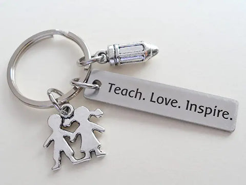Children & Pencil Charm Keychain with "Teach Love Inspire" Engraved Tag; School Volunteer and Teacher Appreciation Keychain