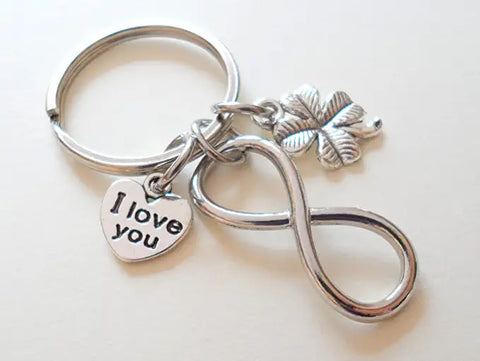 Infinity Charm Keychain with an I Love You Heart & Clover Charm, Couples Keychain