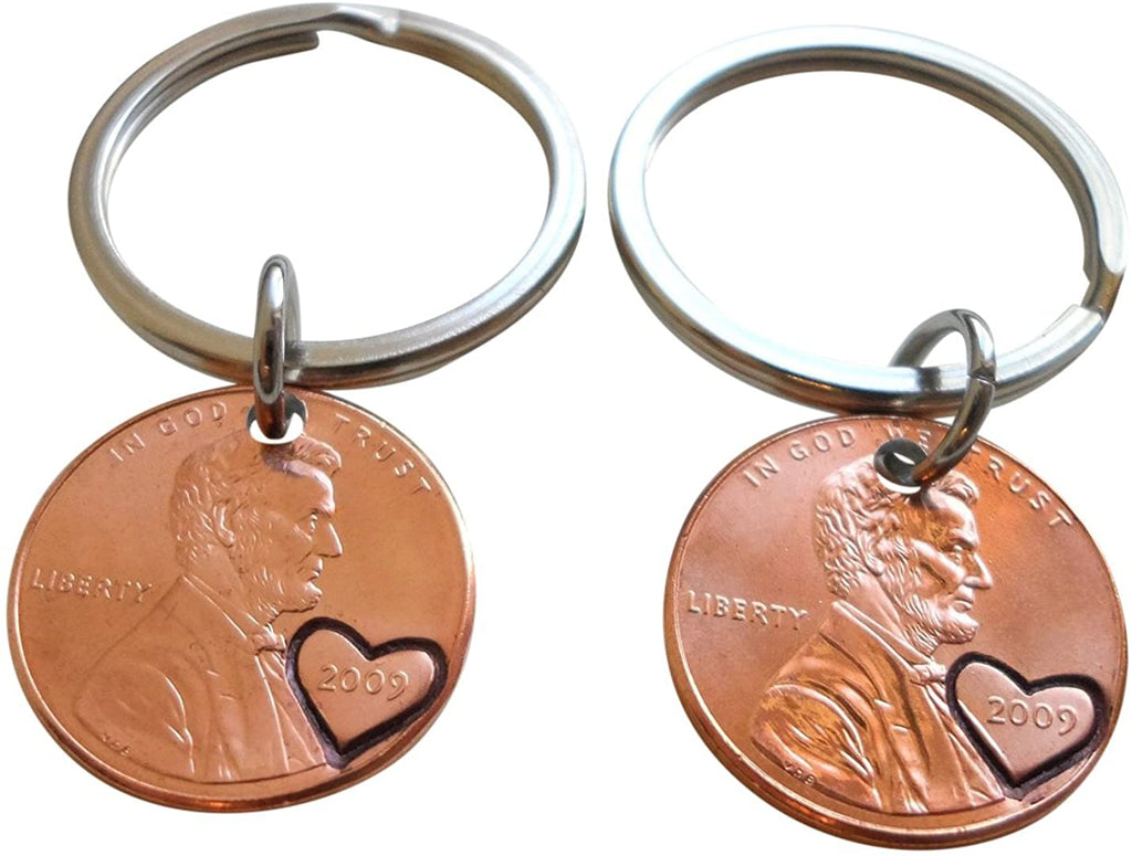 Double 2009 Penny keychain Set, 13 Year Anniversary Gift with Heart Engraved on Year.