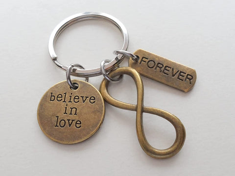 Bronze Infinity Charm Keychain with Forever Tag and Believe in Love Disc Charm; Anniversary Couples Keychain