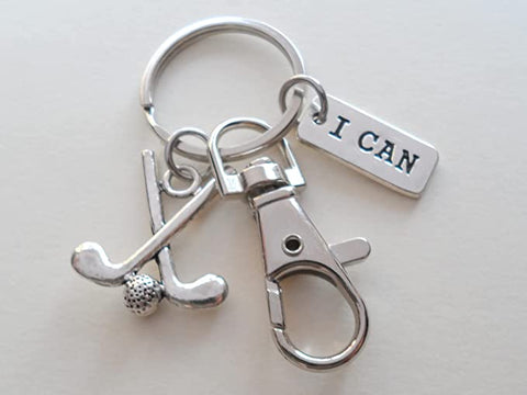 Golf Keychain with I Can Charm and Swivel Clasp Hook, Swimmer or Coach Keychain