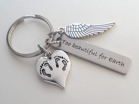 Engraved Rectangle Tag "Too Beautiful for Earth" Twin Babies Memorial Keychain, Twins Feet Heart Charm & Wing Charm