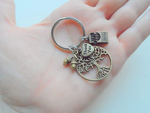 Teacher Keychain, Crayons Charm, Bronze Tree, Thank You & Seeds Charm - Teachers Plant Seeds That Grow Forever