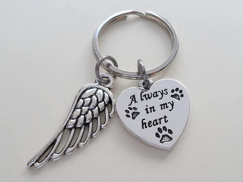 Always in My Heart & Paw Prints on Heart Charm Keychain with Wing Charm, Pet Memorial Keychain