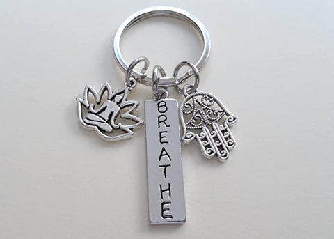 Yoga Teacher or Student Keychain, Breathe Tag Charm, Hamsa Hand Charm & Yoga Lotus Pose Charm