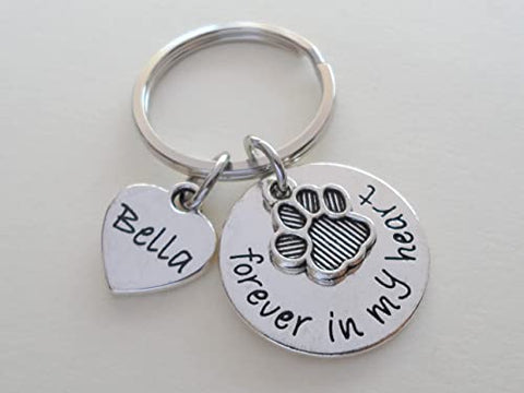 Custom Forever in My Heart Disc & Paw Charm Keychain, Pet Loss Gift, With Custom Engraved Heart Tag, Dog Memorial Keychain