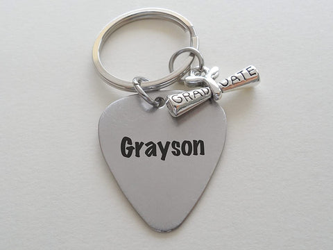 Custom Engraved Graduation Metal Guitar Pick Keychain with Graduate Cap Charm, Class of 2025 Personalized Graduate Keychain, Gift for Graduate