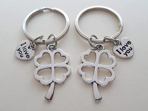 2 Keychains, Each with "I Love You" Heart Charm & Four Leaf Clover Charm - Lucky to Have You, Couples Keychains