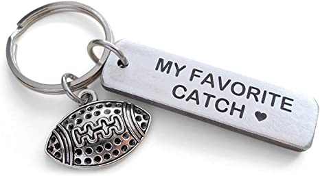 Aluminum Keychain Tag with Football Charm, Tag Engraved with "My Favorite Catch"; Couples Keychain, Personalized Option