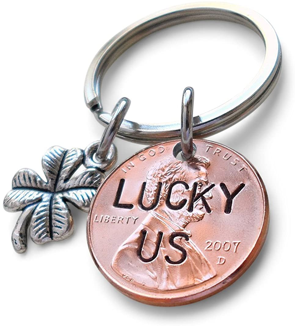 Lucky Us 2007 Penny Hand Stamped Keychain With Clover Charm - 14 Year Anniversary Gift