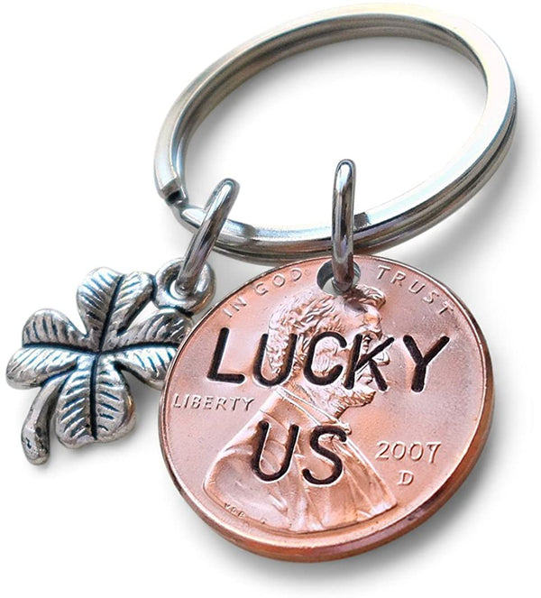 Lucky Us 2007 Penny Hand Stamped Keychain With Clover Charm - 14 Year Anniversary Gift