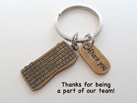 Bronze Computer Keyboard Charm Keychain with Thank You Charm, Employee Keychain, Telework, Remote Work Staff, Secretary, Receptionist, Office Staff, or IT Keychain
