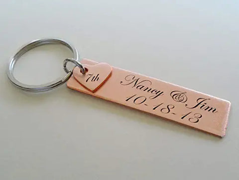 Custom Engraved Copper Tag with Heart Keychain, Anniversary Gift Keychain, Personalized Engraved Keychain