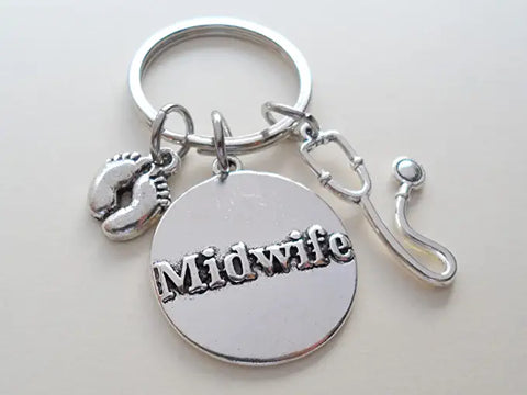 Midwife Keychain, Baby Feet Charm, Stethoscope Charm, and Midwife Disc Charm Keychain, Appreciation Keychain