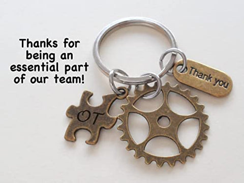 Occupational Therapist Keychain with Bronze Gear, OT Puzzle, and Thank You Charm, OT Appreciation