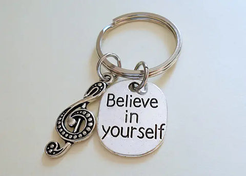 Music Keychain with Treble Clef Charm and Believe in Yourself Charm, Musician or Music Teacher Keychain