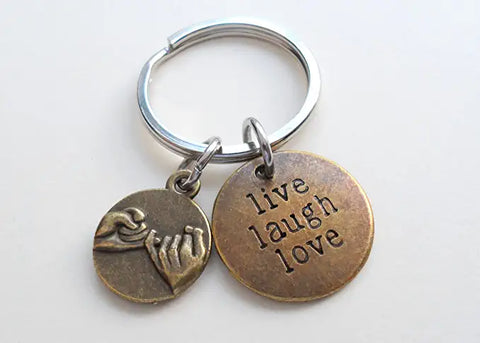 Bronze Pinky Promise Charm With Live Laugh Love Disc Charm, Couples Keychain