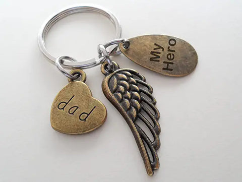 Father Memorial Keychain, Bronze Wing Charm, Dad Heart Charm, and My Hero Charm; My Guardian Angel Keychain