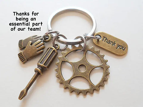 Bronze Gear Keychain with Screwdriver & Work Gloves Charm - Thanks for Being an Essential Part of Our Team