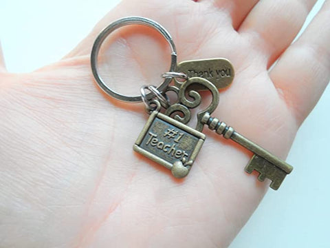 Bronze Key and #1 Teacher Charm Keychain with Thank You Charm, School Teacher Appreciation Keychain