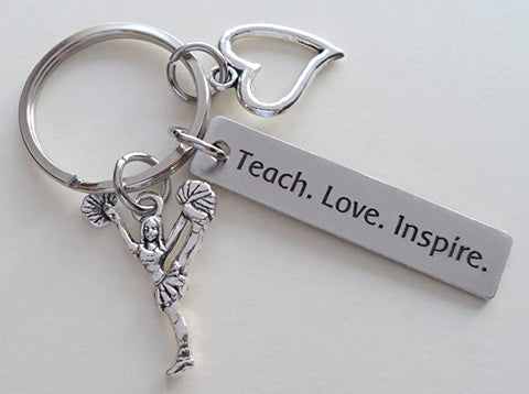 Cheer Coach Keychain, Cheerleader Charm, Heart Charm & Engraved Tag "Teach. Love. Inspire."