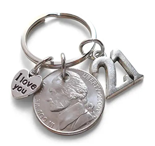 Custom 2001 Nickel Keychain with 21 Charm & I Love You Heart Charm, Year Anniversary Gift, Husband Wife Key Chain, Boyfriend Girlfriend Gift, Customized Couples Keychains
