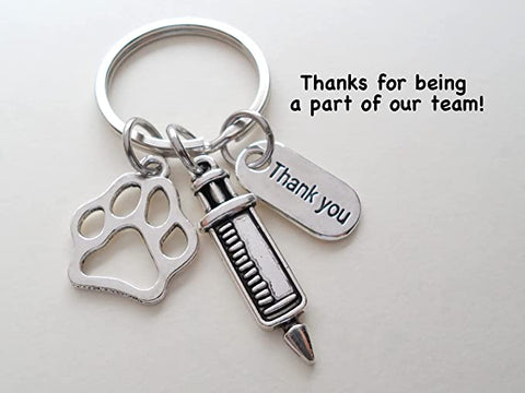 Veterinarian Appreciation Keychain, Veterinary Hospital Staff Gift, Pet & Animal Care Medical Professional; Paw Print, Syringe & Thank You Charm Keychain